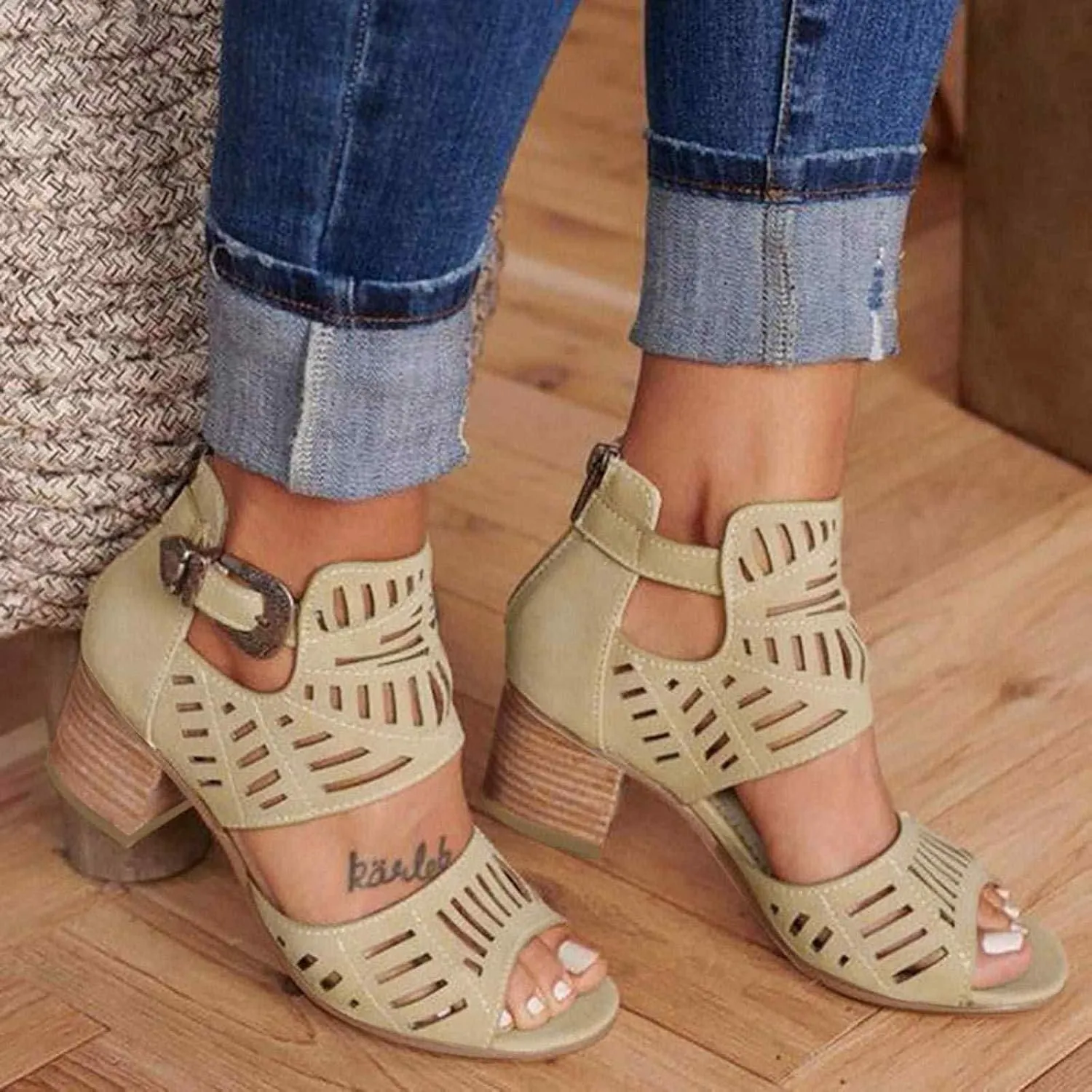 ZBYY Women's Peep Toe Sandals Summer Double Buckle Cutout Side Strap Sandals Chunky Block Low Heel Ankle Strap Sandals