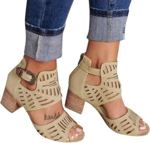 ZBYY Women's Peep Toe Sandals Summer Double Buckle Cutout Side Strap Sandals Chunky Block Low Heel Ankle Strap Sandals
