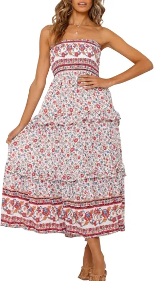 ZESICA Women's Summer Strapless Dress Off Shoulder Sleeveless High Waist Solid Color Beach Long Dresses