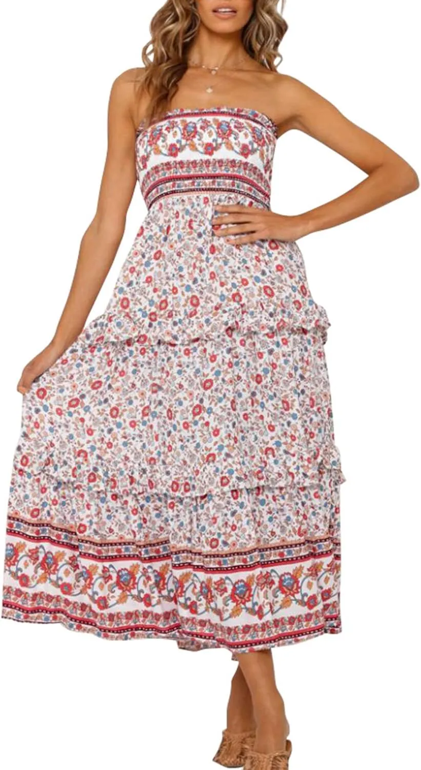 ZESICA Women's Summer Strapless Dress Off Shoulder Sleeveless High Waist Solid Color Beach Long Dresses