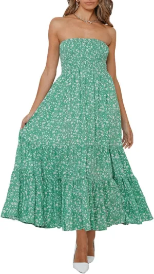 ZESICA Women's Summer Strapless Dress Off Shoulder Sleeveless High Waist Solid Color Beach Long Dresses