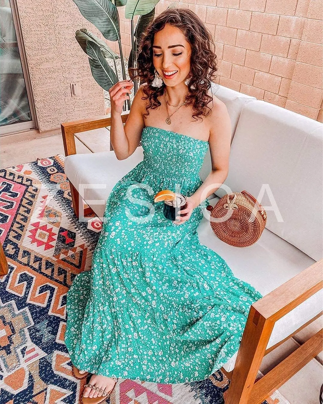 ZESICA Women's Summer Strapless Dress Off Shoulder Sleeveless High Waist Solid Color Beach Long Dresses