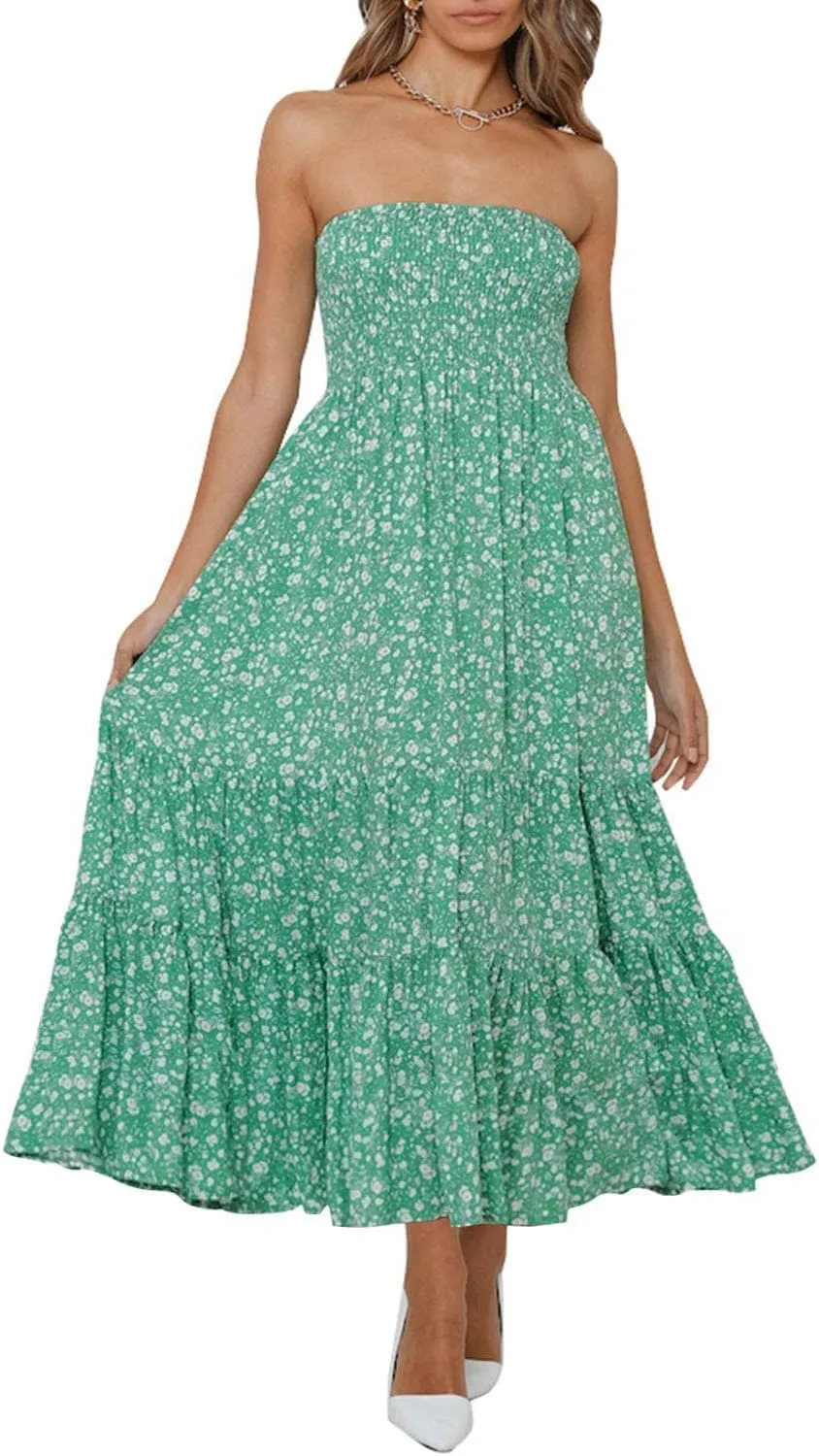ZESICA Women's Summer Strapless Dress Off Shoulder Sleeveless High Waist Solid Color Beach Long Dresses