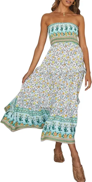 ZESICA Women's Summer Strapless Dress Off Shoulder Sleeveless High Waist Solid Color Beach Long Dresses