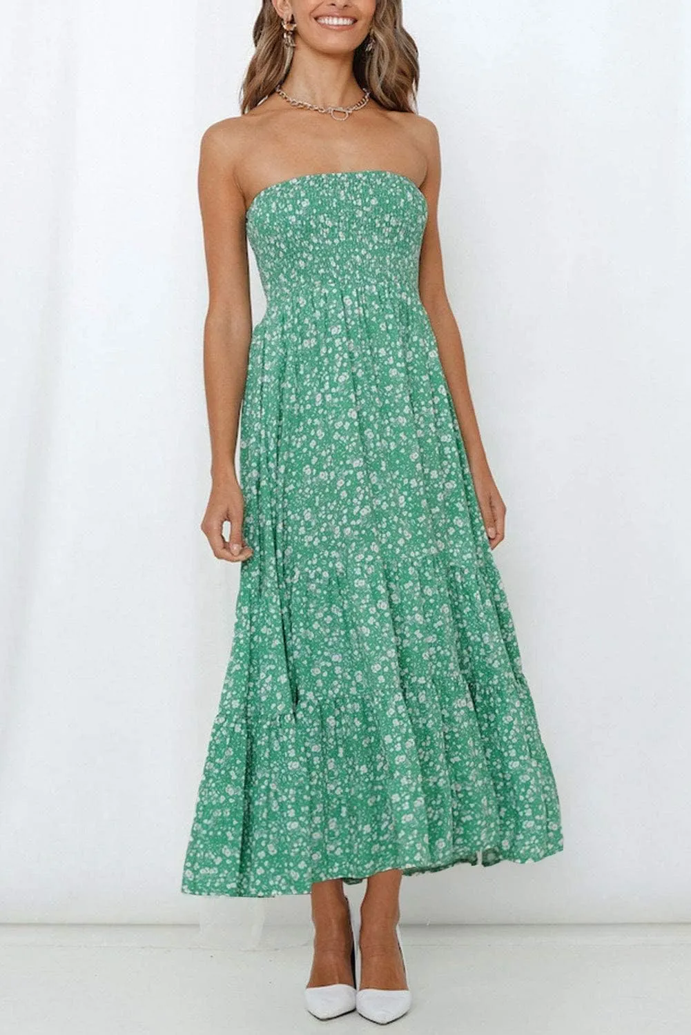ZESICA Women's Summer Strapless Dress Off Shoulder Sleeveless High Waist Solid Color Beach Long Dresses