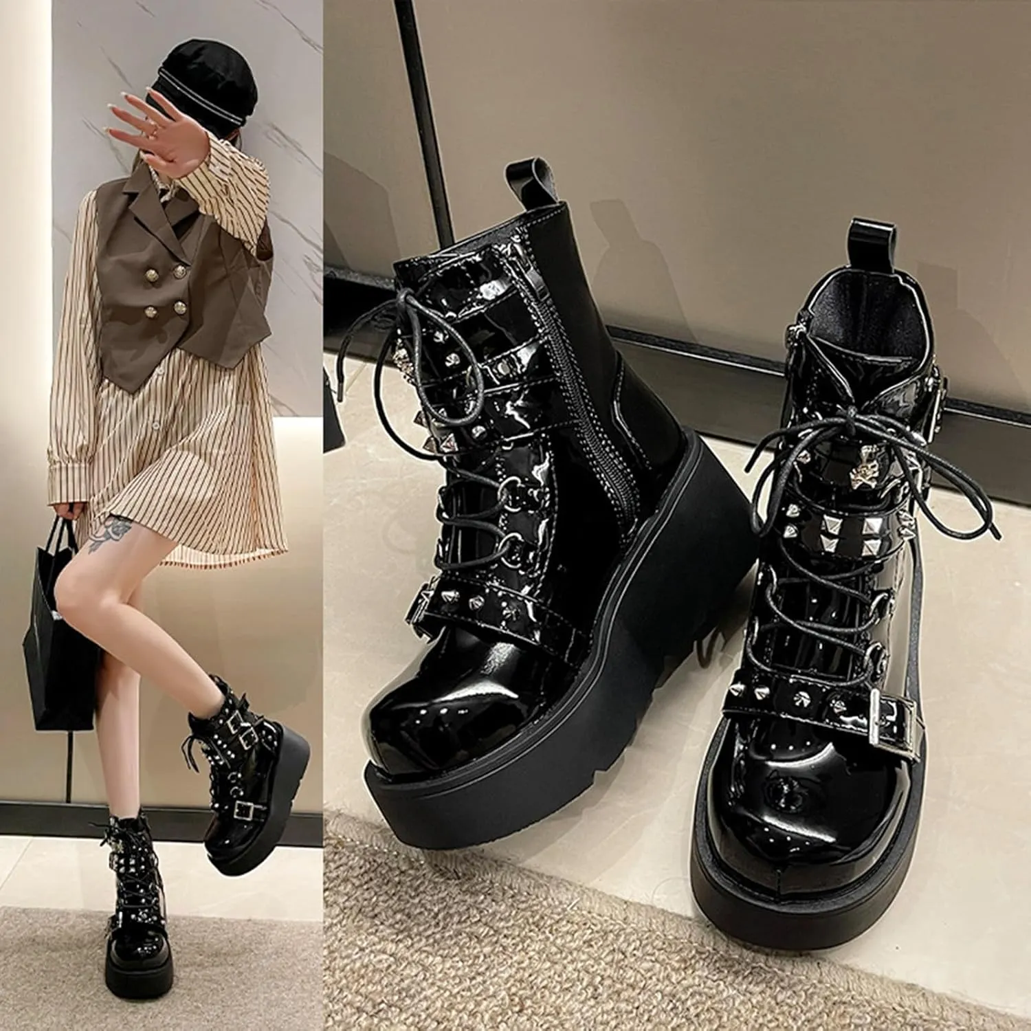 ZKXYFFS Womens Goth Ankle Booties Chunky High Heel Lace Up Zipper Combat Boots Punk Rivet Boots Motorcycle Platform Boots for Women