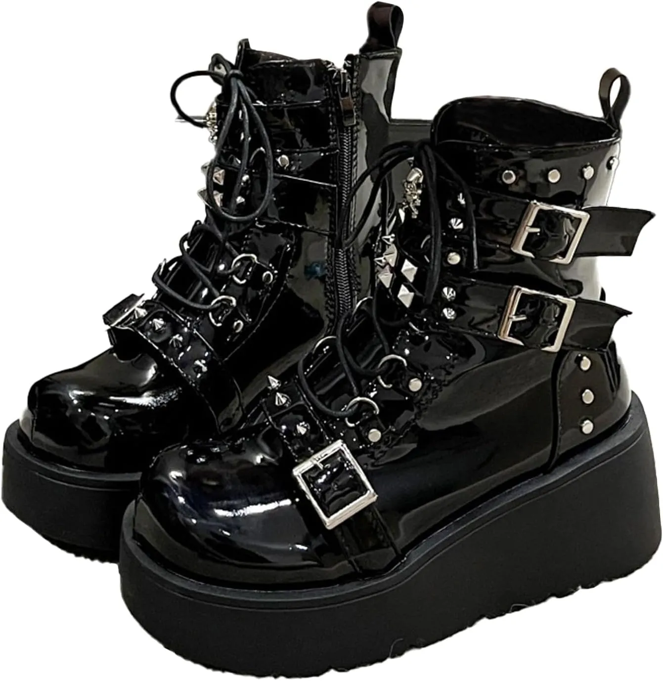 ZKXYFFS Womens Goth Ankle Booties Chunky High Heel Lace Up Zipper Combat Boots Punk Rivet Boots Motorcycle Platform Boots for Women