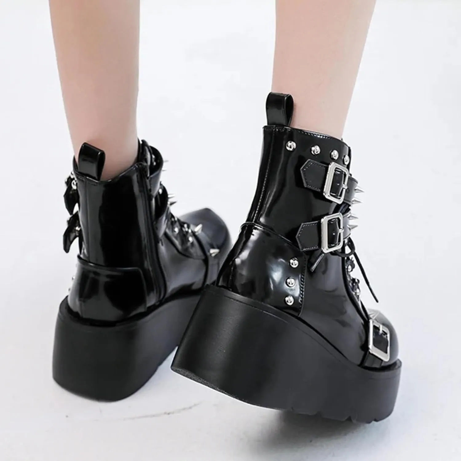 ZKXYFFS Womens Goth Ankle Booties Chunky High Heel Lace Up Zipper Combat Boots Punk Rivet Boots Motorcycle Platform Boots for Women