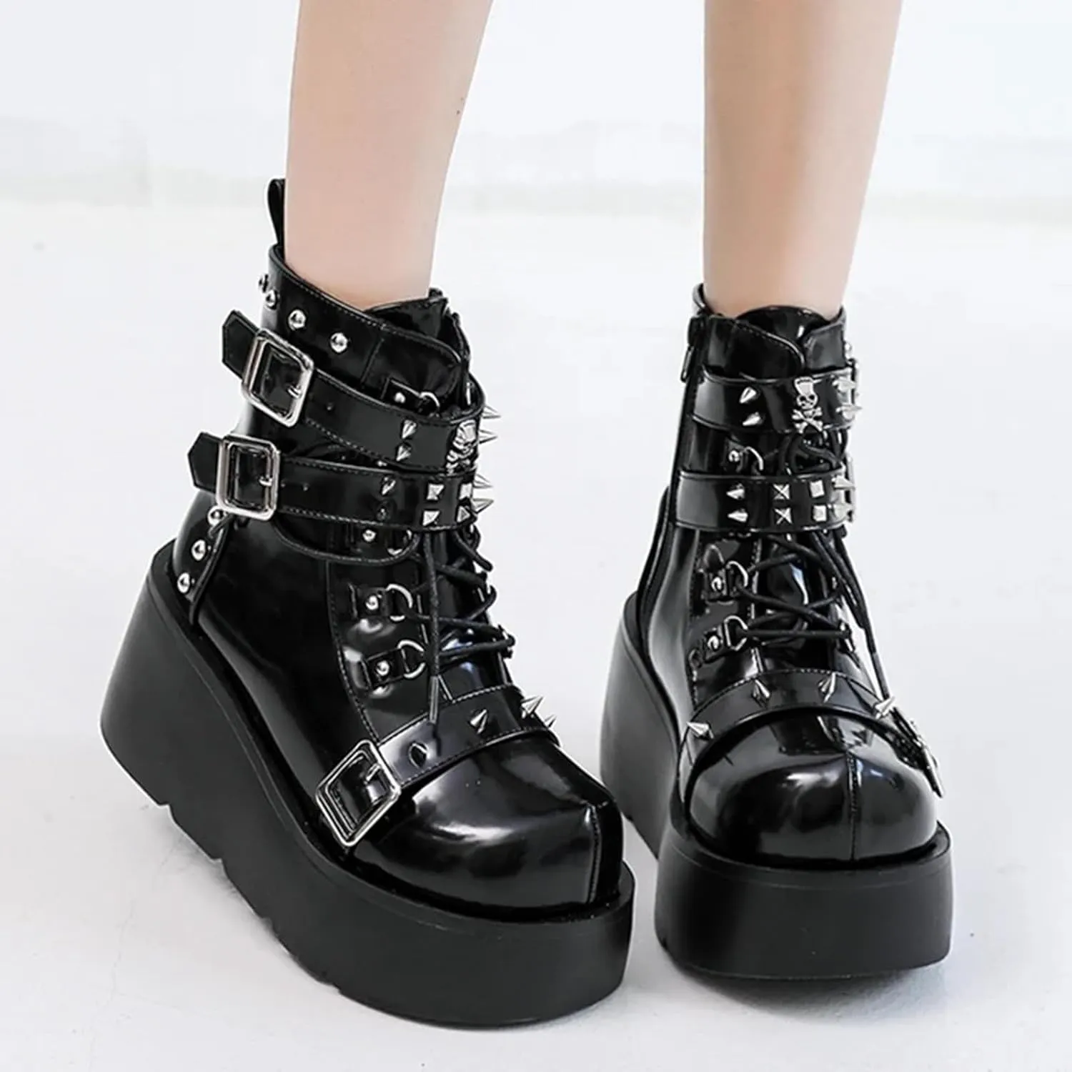 ZKXYFFS Womens Goth Ankle Booties Chunky High Heel Lace Up Zipper Combat Boots Punk Rivet Boots Motorcycle Platform Boots for Women