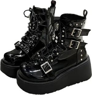 ZKXYFFS Womens Goth Ankle Booties Chunky High Heel Lace Up Zipper Combat Boots Punk Rivet Boots Motorcycle Platform Boots for Women