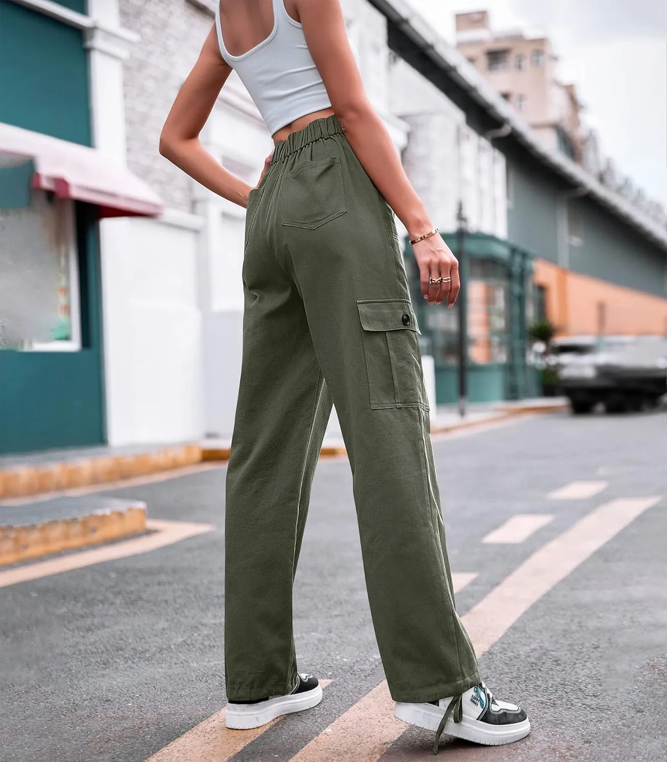 ZMPSIISA Women High Waisted Cargo Pants Wide Leg Casual Pants 6 Pockets Combat Military Trousers