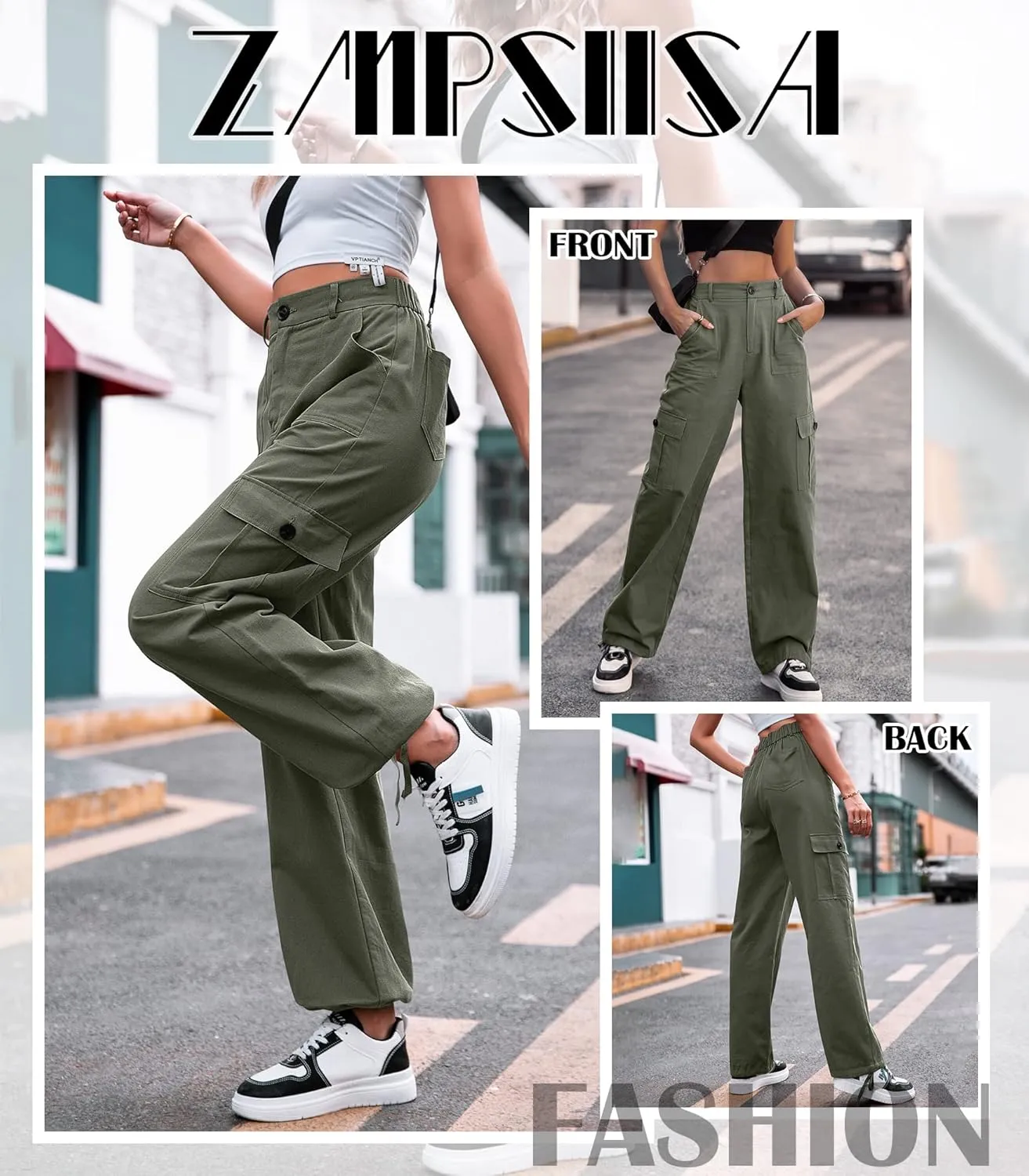 ZMPSIISA Women High Waisted Cargo Pants Wide Leg Casual Pants 6 Pockets Combat Military Trousers