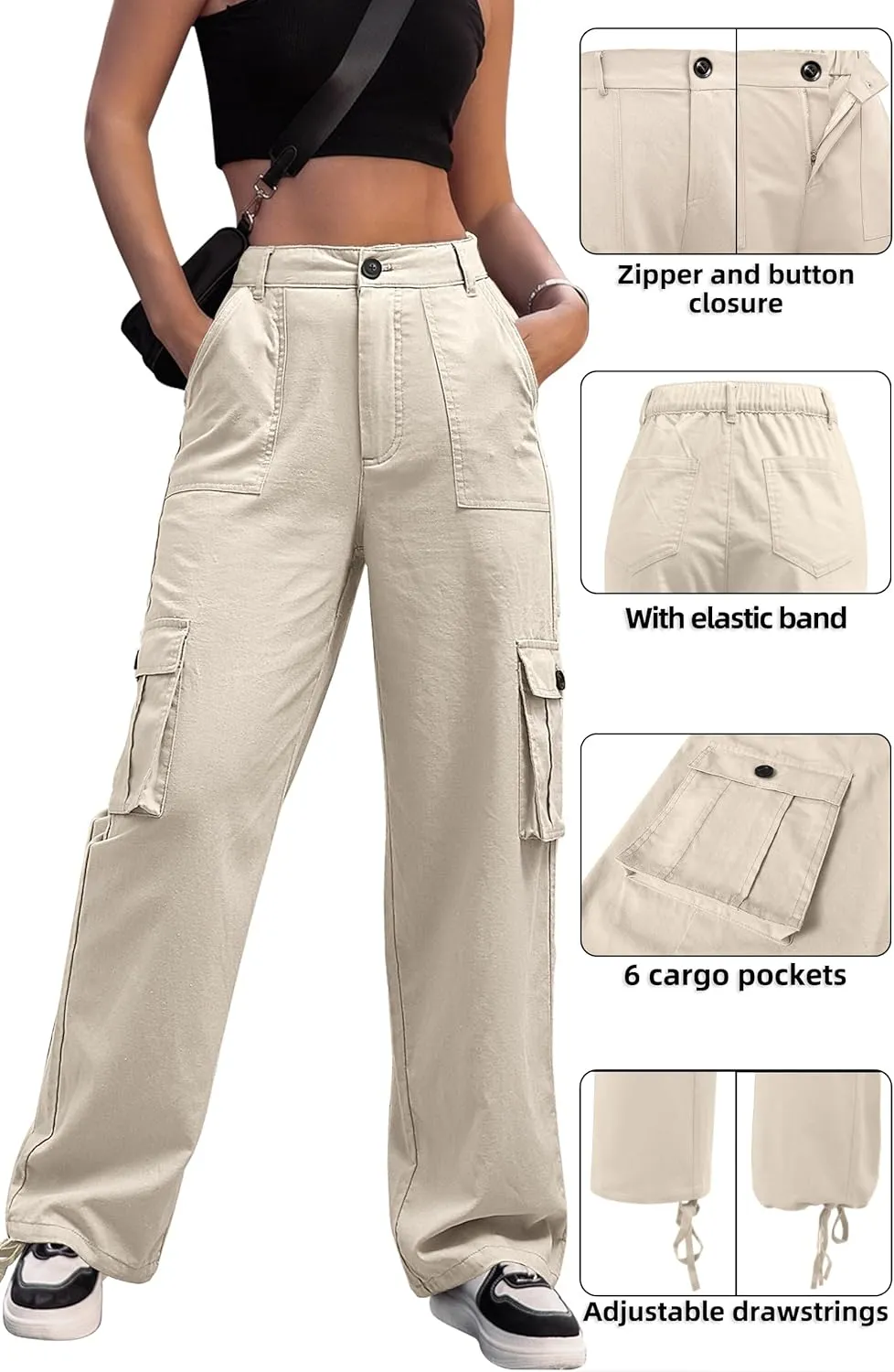 ZMPSIISA Women High Waisted Cargo Pants Wide Leg Casual Pants 6 Pockets Combat Military Trousers