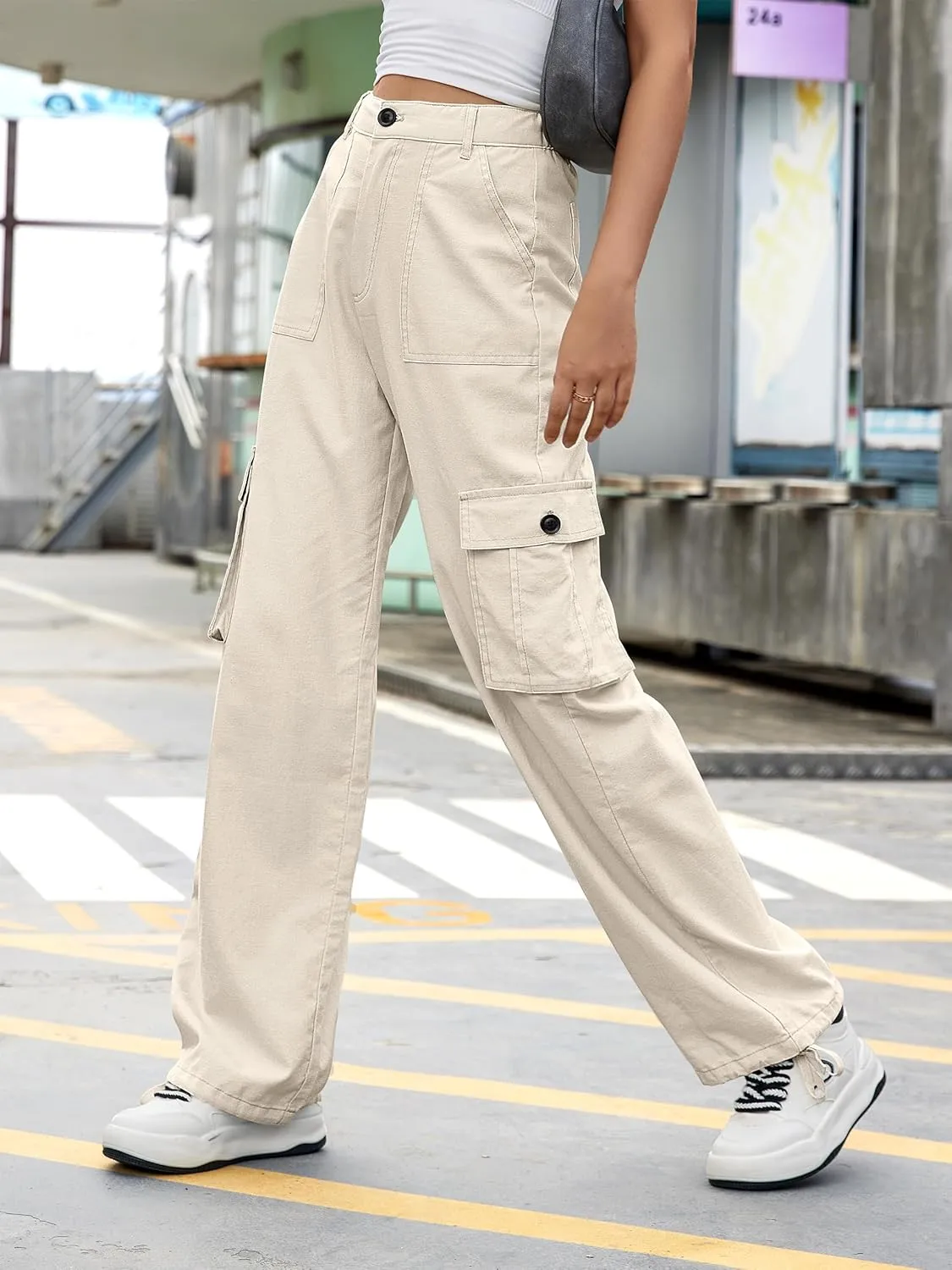 ZMPSIISA Women High Waisted Cargo Pants Wide Leg Casual Pants 6 Pockets Combat Military Trousers