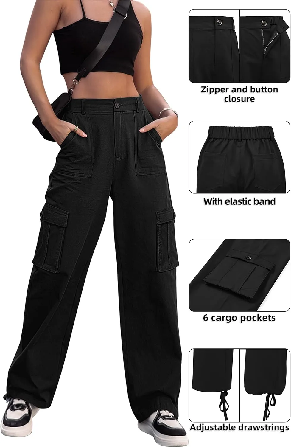 ZMPSIISA Women High Waisted Cargo Pants Wide Leg Casual Pants 6 Pockets Combat Military Trousers