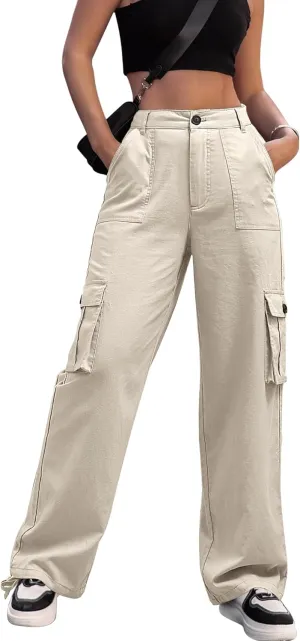 ZMPSIISA Women High Waisted Cargo Pants Wide Leg Casual Pants 6 Pockets Combat Military Trousers