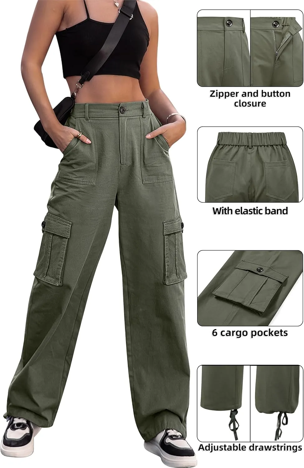 ZMPSIISA Women High Waisted Cargo Pants Wide Leg Casual Pants 6 Pockets Combat Military Trousers