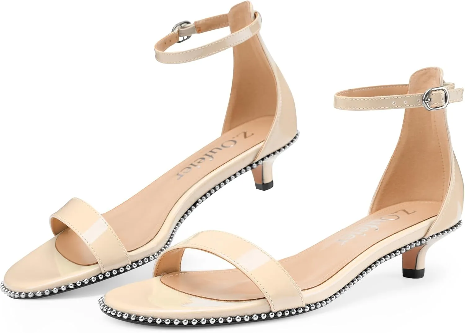 Z.Oufeier Women's Low Kitten Heels Open Peep Toe Ankle Strap Studded Buckle Dressy Heeled Sandals Beaded Patent Leather Summer Prom Party Shoes