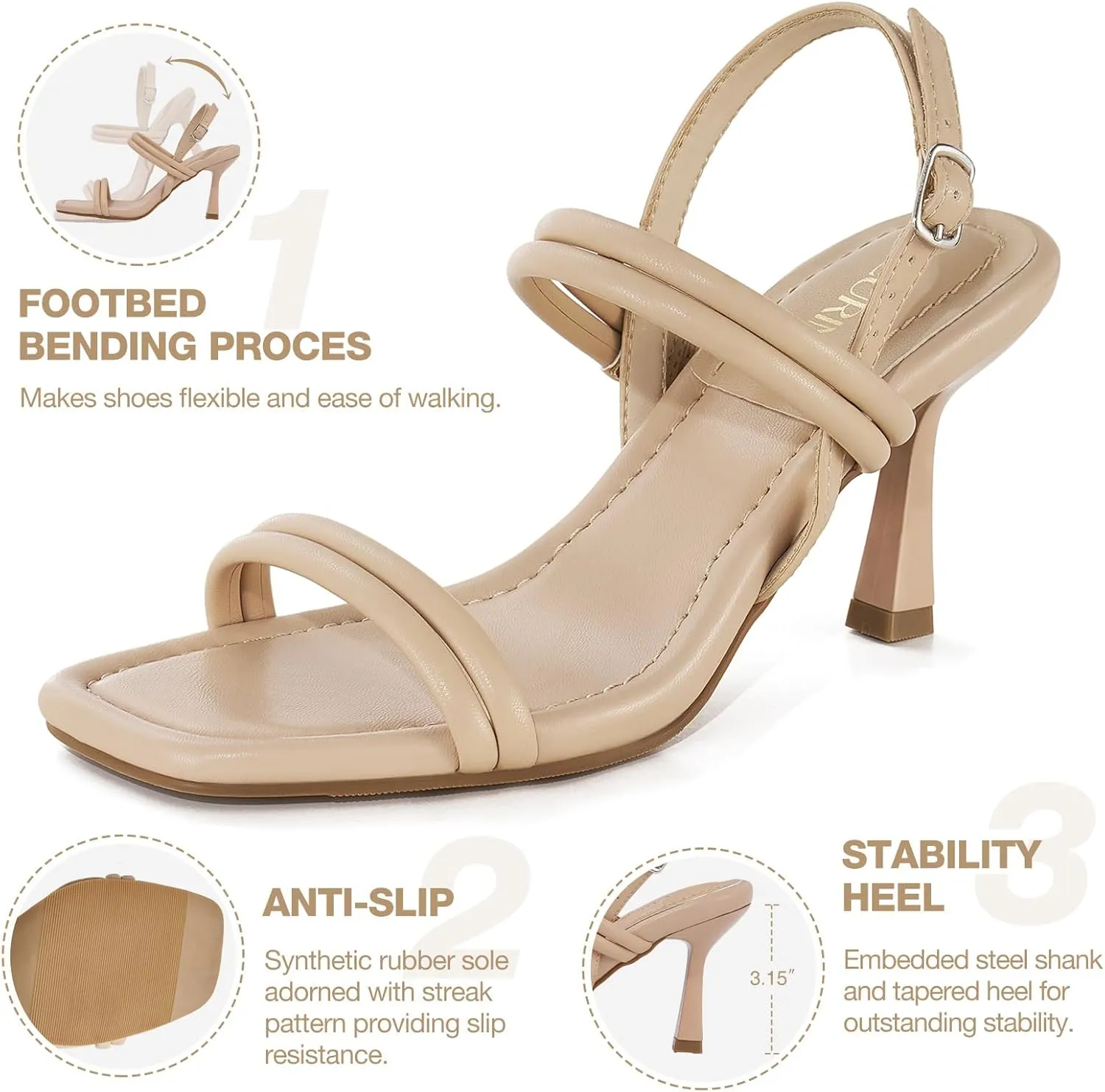 ZURIN Womens Strappy Kitten Heels Sandals Square Open Toe Heeled Sandals Ankle Strap Slingback High Heels Dress Party Evening Prom Shoes