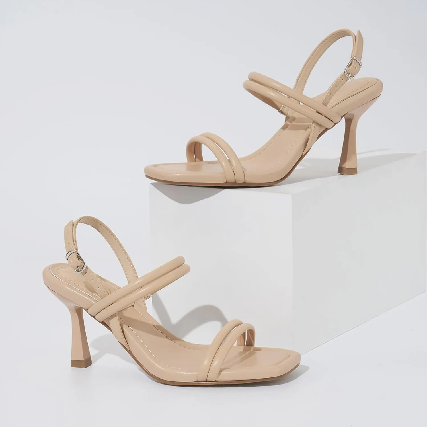ZURIN Womens Strappy Kitten Heels Sandals Square Open Toe Heeled Sandals Ankle Strap Slingback High Heels Dress Party Evening Prom Shoes