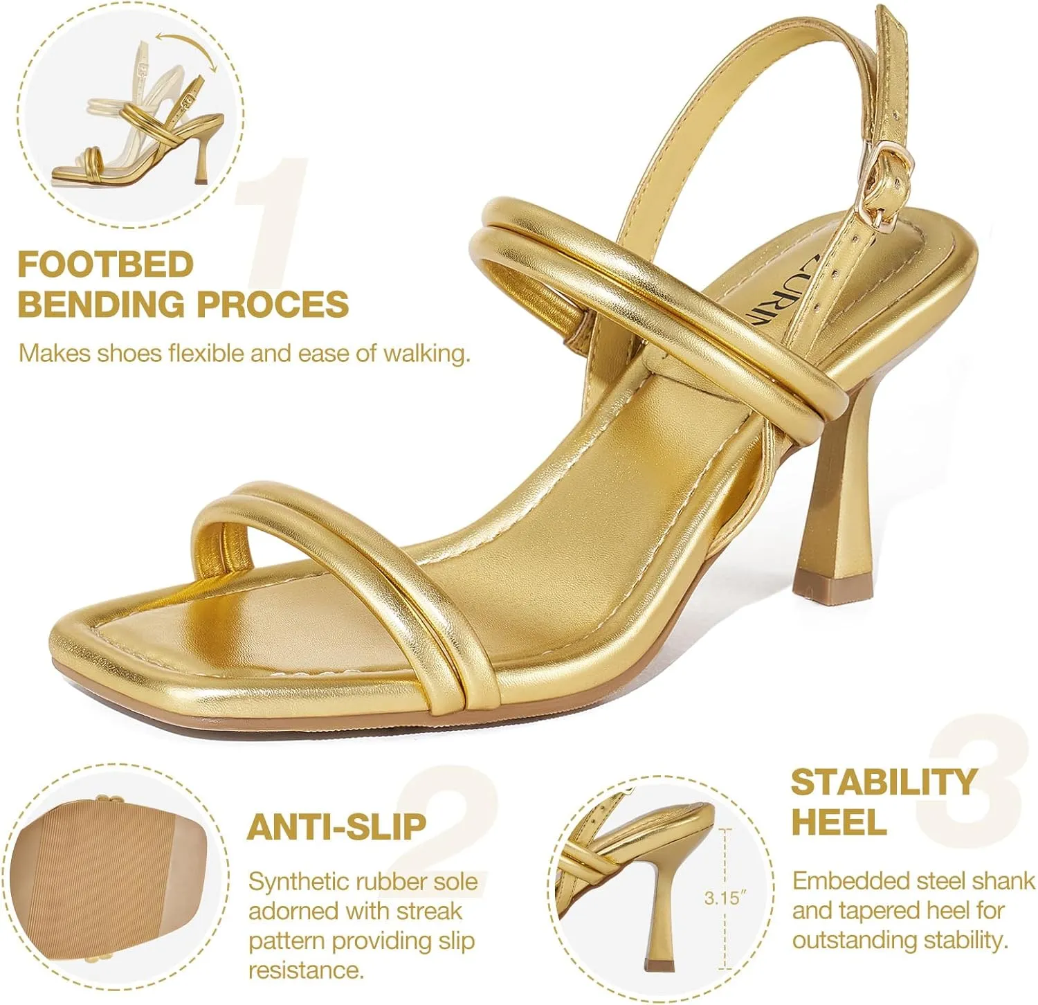 ZURIN Womens Strappy Sandals Kitten Heels Square Open Toe Heeled Sandals Ankle Strap Slingback High Heels Dress Party Evening Prom wedding Shoes