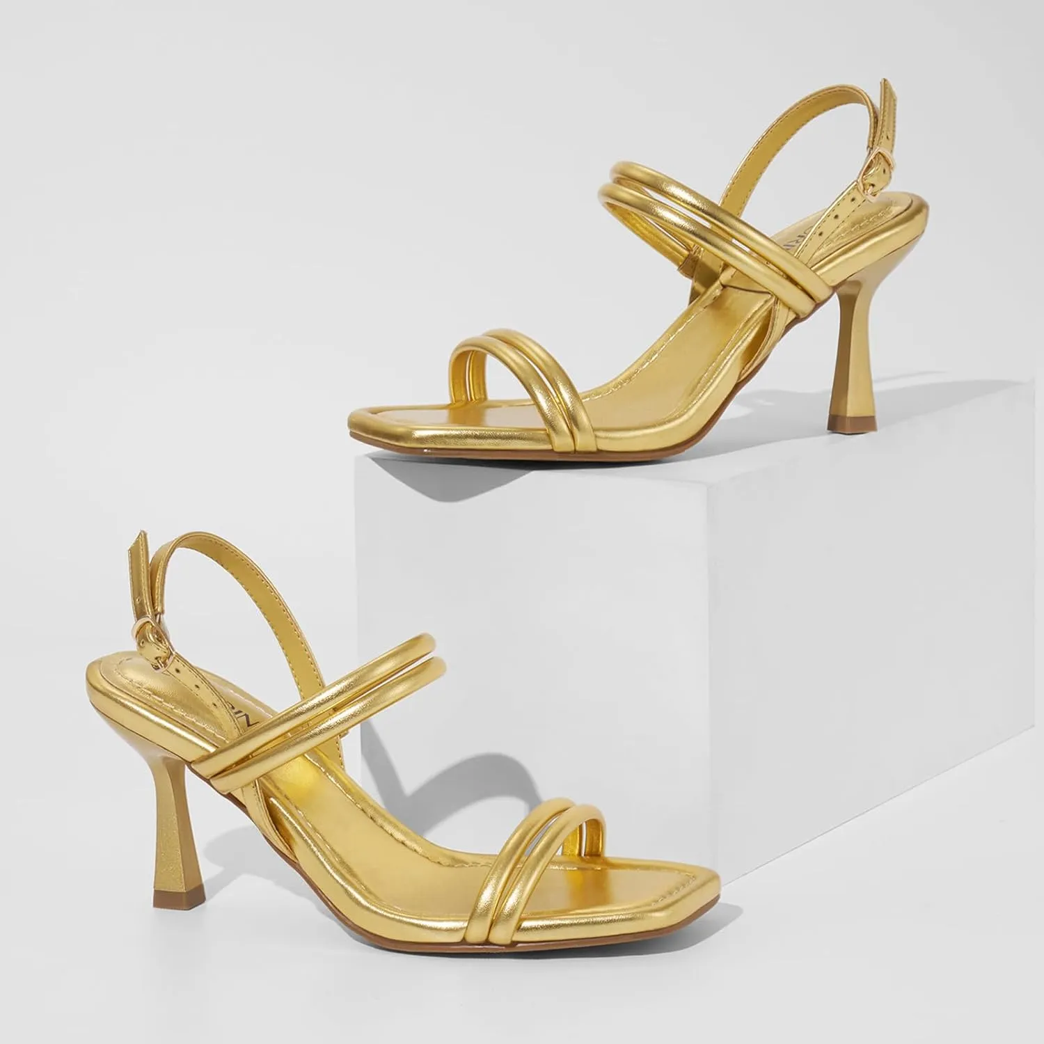 ZURIN Womens Strappy Sandals Stiletto Heels Square Open Toe Ankle Strap Dress Shoes 3 Inch Kitten Heeled Sandals for Wedding Bridal Evening Party Prom Summer